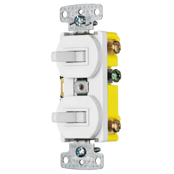 Hubbell Wiring Device-Kellems Switches and Lighting Controls, Combination Devices, Residential Grade, 2) Three Way Toggles, Self Grounding, 15A 120V AC, Side Wired, White RC303W - main
